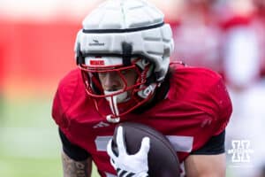 Nebraska Cornhusker running back Mekhi Nelson (35) runs with the ball during spring football practice on Tuesday, March 10, 2026, in Lincoln, Nebraska. Photo by John S. Peterson.