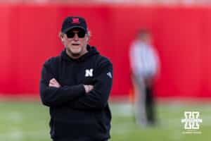 Nebraska Cornhuskers offensive coordinator Dana Holgorsen watching the action during spring football practice on Tuesday, March 10, 2026, in Lincoln, Nebraska. Photo by John S. Peterson.