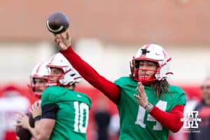 Nebraska Cornhusker quarterback TJ Lateef (14) throws a pass during spring football practice on Tuesday, March 10, 2026, in Lincoln, Nebraska. Photo by John S. Peterson.