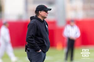 Nebraska Cornhuskers offensive coordinator Dana Holgorsen watching the action during spring football practice on Tuesday, March 10, 2026, in Lincoln, Nebraska. Photo by John S. Peterson.