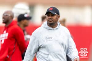 Nebraska Cornhuskers assistant head coach Jamar Mozee watches the action during spring football practice on Tuesday, March 10, 2026, in Lincoln, Nebraska. Photo by John S. Peterson.