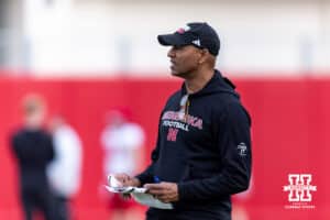 Nebraska Cornhuskers fullbacks and returners coach Ron Brown watching the action during spring football practice on Tuesday, March 10, 2026, in Lincoln, Nebraska. Photo by John S. Peterson.