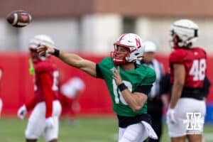 Nebraska Cornhusker quarterback Anthony Colandrea (10) throws a pass during spring football practice on Tuesday, March 10, 2026, in Lincoln, Nebraska. Photo by John S. Peterson.