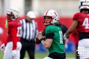 Nebraska Cornhusker quarterback Anthony Colandrea (10) drops back to pass during spring football practice on Tuesday, March 10, 2026, in Lincoln, Nebraska. Photo by John S. Peterson.