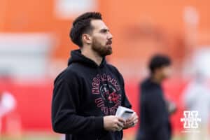 Nebraska Cornhuskers wide receivers assistant Andrew Verboys directs drills during spring football practice on Tuesday, March 10, 2026, in Lincoln, Nebraska. Photo by John S. Peterson.