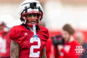 Nebraska Cornhusker wide receiver Jacory Barney Jr. (2) running drills at practice with an action camera attached to his helmet during spring football practice on Tuesday, March 10, 2026, in Lincoln, Nebraska. Photo by John S. Peterson.