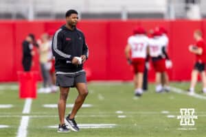 Nebraska Cornhuskers wide receivers coach Daikiel Shorts Jr. directs drills during spring football practice on Tuesday, March 10, 2026, in Lincoln, Nebraska. Photo by John S. Peterson.