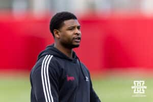 Nebraska Cornhuskers wide receivers coach Daikiel Shorts Jr. directs drills during spring football practice on Tuesday, March 10, 2026, in Lincoln, Nebraska. Photo by John S. Peterson.