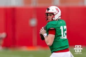 Nebraska Cornhusker quarterback Daniel Kaelin (12) drops back to pass during spring football practice on Tuesday, March 10, 2026, in Lincoln, Nebraska. Photo by John S. Peterson.