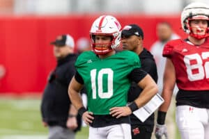 Nebraska Cornhusker quarterback Anthony Colandrea (10) is working drills during spring football practice on Tuesday, March 10, 2026, in Lincoln, Nebraska. Photo by John S. Peterson.