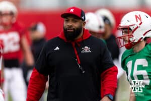 Nebraska Cornhuskers running backs coach E.J. Barthel directs drills during spring football practice on Tuesday, March 10, 2026, in Lincoln, Nebraska. Photo by John S. Peterson.