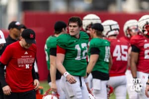 Nebraska Cornhusker quarterback Daniel Kaelin (12) takes a quick break during spring football practice on Tuesday, March 10, 2026, in Lincoln, Nebraska. Photo by John S. Peterson.