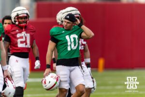Nebraska Cornhusker quarterback Anthony Colandrea (10) takes a quick break during spring football practice on Tuesday, March 10, 2026, in Lincoln, Nebraska. Photo by John S. Peterson.