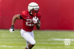 Nebraska Cornhusker runningback Jamal Rule (25) runs with the ball during spring football practice on Tuesday, March 10, 2026, in Lincoln, Nebraska. Photo by John S. Peterson.