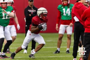 Nebraska Cornhusker runningback Jamal Rule (25) runs with the ball during spring football practice on Tuesday, March 10, 2026, in Lincoln, Nebraska. Photo by John S. Peterson.