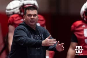 Nebraska Cornhuskers offensive line coach Geep Wade directs drills for the offensive line during spring football practice on Tuesday, March 10, 2026, in Lincoln, Nebraska. Photo by John S. Peterson.