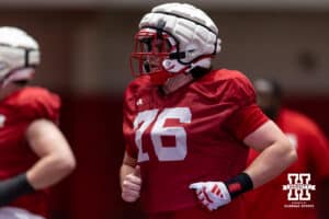 Nebraska Cornhusker offensive lineman Rex Waterman (76) is working drills during spring football practice on Tuesday, March 10, 2026, in Lincoln, Nebraska. Photo by John S. Peterson.