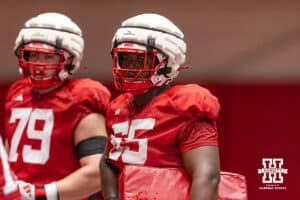 Nebraska Cornhusker offensive lineman Paul Mubenga (65) working drills during spring football practice on Tuesday, March 10, 2026, in Lincoln, Nebraska. Photo by John S. Peterson.