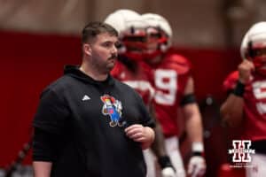 Nebraska Cornhuskers offensive line assisant Aaron Coeling working drills with the offensive line during spring football practice on Tuesday, March 10, 2026, in Lincoln, Nebraska. Photo by John S. Peterson.