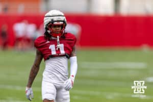 Nebraska Cornhusker wide receiver Kwazi Gilmer (11) working receiving drills during spring football practice on Tuesday, March 10, 2026, in Lincoln, Nebraska. Photo by John S. Peterson.