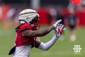 Nebraska Cornhusker wide receiver Kwazi Gilmer (11) runs a receiving drill during spring football practice on Tuesday, March 10, 2026, in Lincoln, Nebraska. Photo by John S. Peterson.