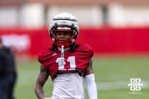Nebraska Cornhusker wide receiver Kwazi Gilmer (11) working receiving drills during spring football practice on Tuesday, March 10, 2026, in Lincoln, Nebraska. Photo by John S. Peterson.