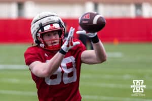 Nebraska Cornhusker wide receiver Jackson Carpenter (88) makes a catch during spring football practice on Tuesday, March 10, 2026, in Lincoln, Nebraska. Photo by John S. Peterson.