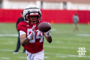Nebraska Cornhusker wide receiver DJ Singleton Jr. (84) makes a catch during spring football practice on Tuesday, March 10, 2026, in Lincoln, Nebraska. Photo by John S. Peterson.