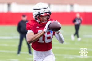 Nebraska Cornhusker wide receiver Quinn Clark (18) makes a catch during spring football practice on Tuesday, March 10, 2026, in Lincoln, Nebraska. Photo by John S. Peterson.