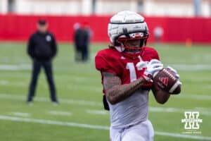 Nebraska Cornhusker wide receiver Nyziah Hunter (13) makes a catch during spring football practice on Tuesday, March 10, 2026, in Lincoln, Nebraska. Photo by John S. Peterson.