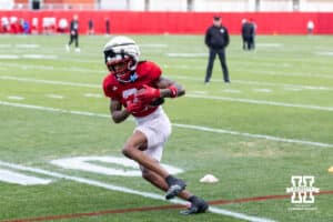 Nebraska Cornhusker wide receiver Jacory Barney Jr. (2) runs with the ball after a catch during spring football practice on Tuesday, March 10, 2026, in Lincoln, Nebraska. Photo by John S. Peterson.