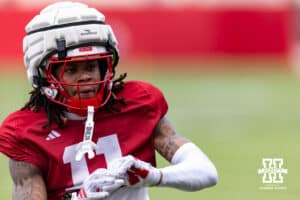 Nebraska Cornhusker wide receiver Kwazi Gilmer (11) readies to make a catch during spring football practice on Tuesday, March 10, 2026, in Lincoln, Nebraska. Photo by John S. Peterson.