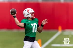 Nebraska Cornhusker quarterback Anthony Colandrea (10) throws a pass during spring football practice on Tuesday, March 10, 2026, in Lincoln, Nebraska. Photo by John S. Peterson.