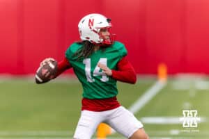 Nebraska Cornhusker quarterback TJ Lateef (14) during spring football practice on Tuesday, March 10, 2026, in Lincoln, Nebraska. Photo by John S. Peterson.