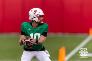 Nebraska Cornhusker quarterback Anthony Colandrea (10) drops back to throw a pass during spring football practice on Tuesday, March 10, 2026, in Lincoln, Nebraska. Photo by John S. Peterson.