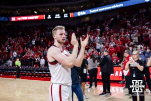 Nebraska Cornhusker forward Rienk Mast (51) claps for the fans after the win over the Iowa Hawkeyes during a college basketball game on Sunday, March 8, 2026, in Lincoln, Nebraska. Photo by John S. Peterson.