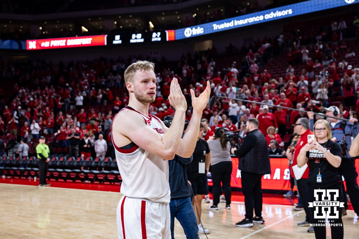 Nebraska Cornhusker forward Rienk Mast (51) claps for the fans after the win over the Iowa Hawkeyes during a college basketball game on Sunday, March 8, 2026, in Lincoln, Nebraska. Photo by John S. Peterson.
