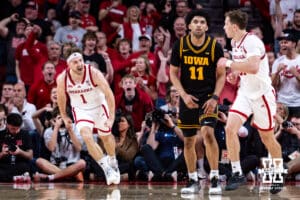 Nebraska Cornhusker guard Sam Hoiberg (1) celebrates a basket against the Iowa Hawkeyes in the second half during a college basketball game on Sunday, March 8, 2026, in Lincoln, Nebraska. Photo by John S. Peterson.