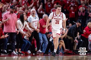 Nebraska Cornhusker guard Cale Jacobsen (31) runs down the court after making a three-point basket against the Iowa Hawkeyes in the second half during a college basketball game on Sunday, March 8, 2026, in Lincoln, Nebraska. Photo by John S. Peterson.