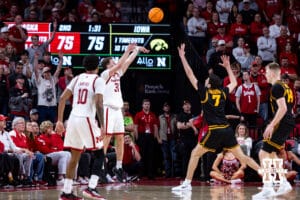 Nebraska Cornhusker guard Cale Jacobsen (31) celebrates making a three-point basket against the Iowa Hawkeyes in the second half during a college basketball game on Sunday, March 8, 2026, in Lincoln, Nebraska. Photo by John S. Peterson.