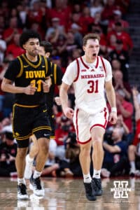 Nebraska Cornhusker guard Cale Jacobsen (31) celebrates making a three-point basket against the Iowa Hawkeyes in the second half during a college basketball game on Sunday, March 8, 2026, in Lincoln, Nebraska. Photo by John S. Peterson.