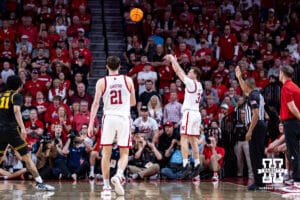 Nebraska Cornhusker guard Cale Jacobsen (31) makes a three-point basket against the Iowa Hawkeyes in the second half during a college basketball game on Sunday, March 8, 2026, in Lincoln, Nebraska. Photo by John S. Peterson.