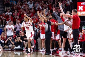 Nebraska Cornhusker guard Jamarques Lawrence (10) celebrates a three-point shot against the Iowa Hawkeyes in the second half during a college basketball game on Sunday, March 8, 2026, in Lincoln, Nebraska. Photo by John S. Peterson.