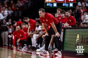 Nebraska Cornhusker head coach Fred Hoiberg watches the action on the court against the Iowa Hawkeyes in the second half during a college basketball game on Sunday, March 8, 2026, in Lincoln, Nebraska. Photo by John S. Peterson.