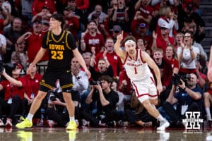 Nebraska Cornhusker guard Sam Hoiberg (1) celebrates a lay-up against the Iowa Hawkeyes in the second half during a college basketball game on Sunday, March 8, 2026, in Lincoln, Nebraska. Photo by John S. Peterson.