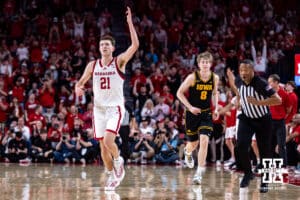 Nebraska Cornhusker forward Pryce Sandfort (21) celebrates making a three-point basket against the Iowa Hawkeyes in the second half during a college basketball game on Sunday, March 8, 2026, in Lincoln, Nebraska. Photo by John S. Peterson.