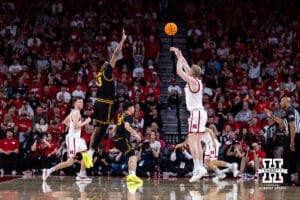 Nebraska Cornhusker forward Rienk Mast (51) makes a three-point basket against the Iowa Hawkeyes in the second half during a college basketball game on Sunday, March 8, 2026, in Lincoln, Nebraska. Photo by John S. Peterson.