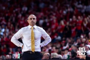 Iowa Hawkeye head coach Ben McCollum shows his frustration with the Nebraska Cornhuskers in the first half during a college basketball game on Sunday, March 8, 2026, in Lincoln, Nebraska. Photo by John S. Peterson.