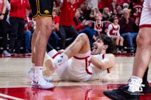 Nebraska Cornhusker forward Berke Büyüktuncel (9) celebrates getting fouled against the Iowa Hawkeyes in the first half during a college basketball game on Sunday, March 8, 2026, in Lincoln, Nebraska. Photo by John S. Peterson.
