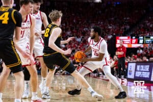 Nebraska Cornhusker forward Jared Garcia (15) drives to the lane against the Iowa Hawkeyes in the first half during a college basketball game on Sunday, March 8, 2026, in Lincoln, Nebraska. Photo by John S. Peterson.